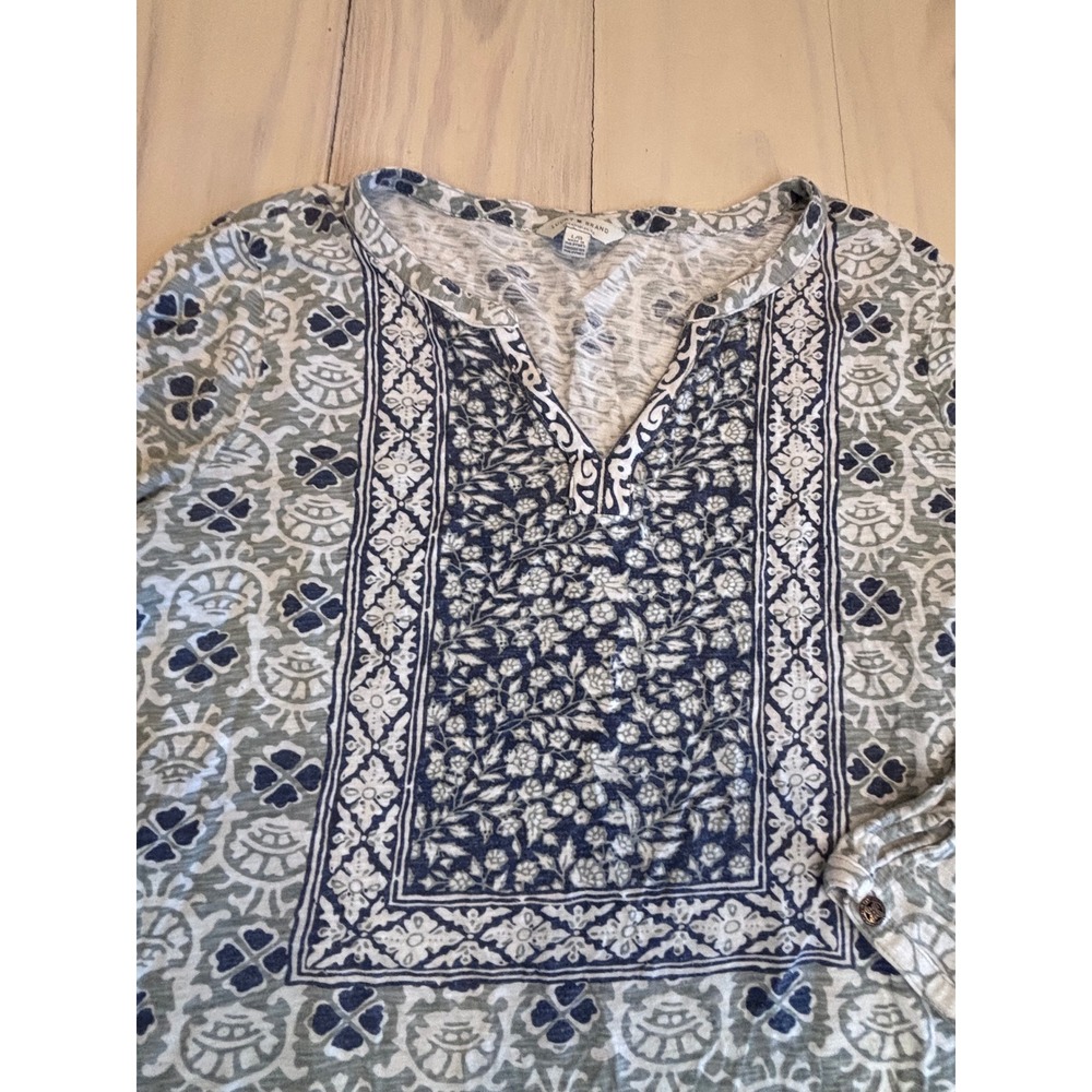 Lucky Brand Womens Blue Tan Floral Boho V-Neck 3/4 Sleeve Top Large Peasant - Picture 2 of 11